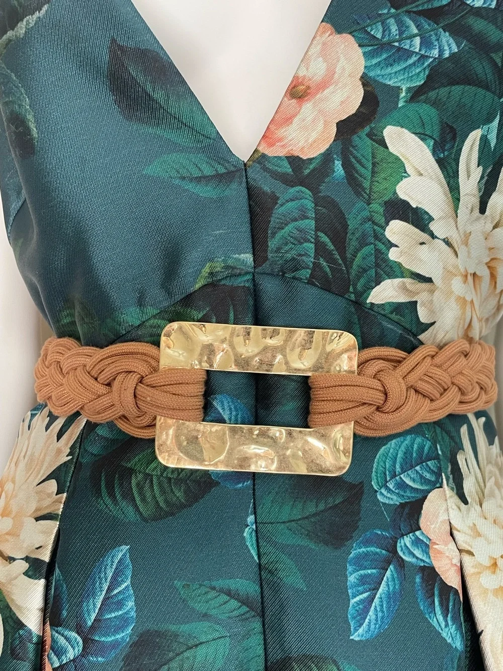 Vintage 80s Braided Cord Belt Artsy Boho Costal Large Hammered Metal Buckle Gold